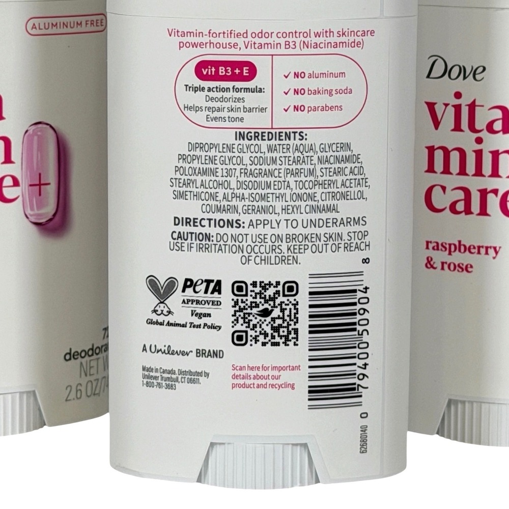 Dove VitaminCare+ Deodorant Raspberry & Rose Aluminum Free 2.6 oz 3 Pack Women's - Picture 3 of 6